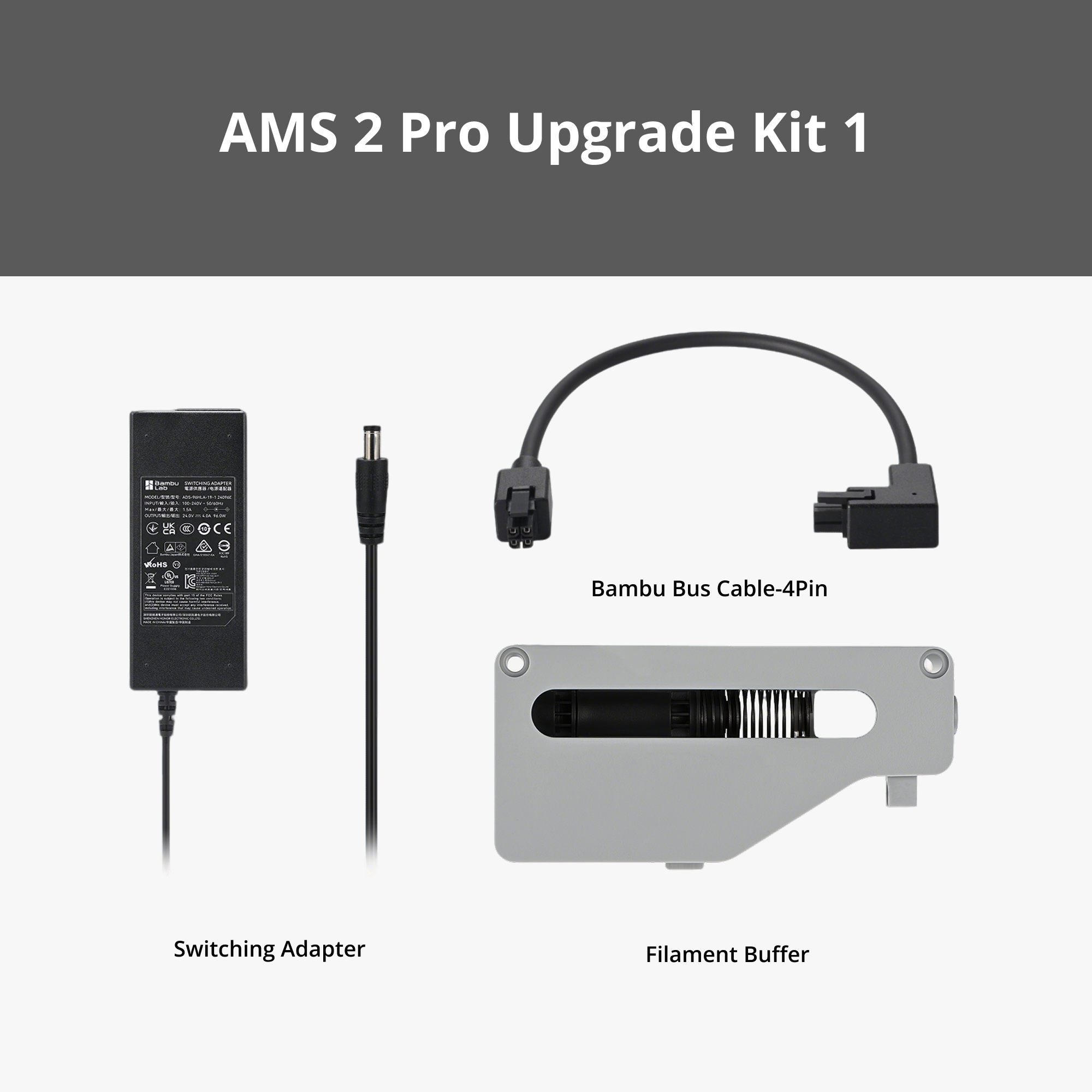 Bambu Lab AMS 2 Pro Upgrade Kit 1; Switching Adapter, 4-pin Bambu Bus kablosu ve Filament Buffer